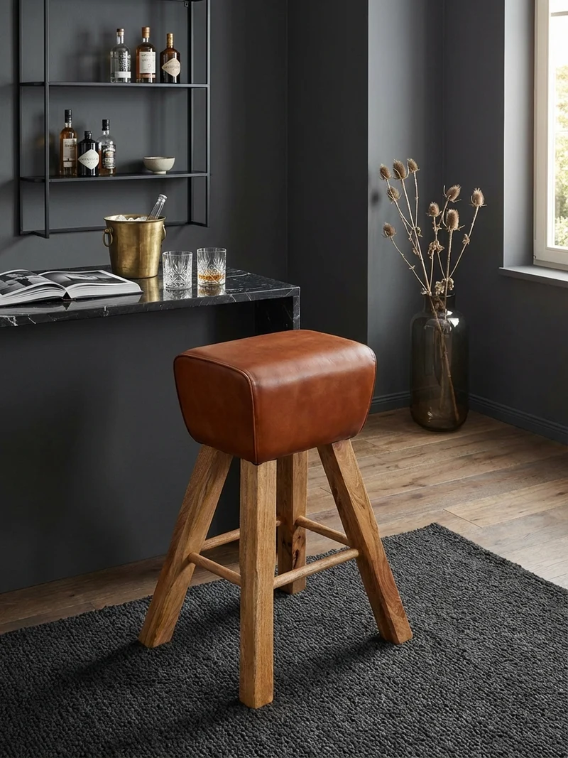 Barhocker – Ziegenleder und Mango Massivholz, Turnbock-Design, 43x75x43 cm, Dunkelbraun