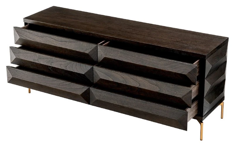 Casa Padrino Luxus Massivholz Kommode mit 6 Schubladen Mokka / Messing 182 x 48 x H. 75 cm - Schlafzimmer Kommode - Schlafzimmer Möbel - Luxus Möbel - Luxus Einrichtung - Möbel Luxus