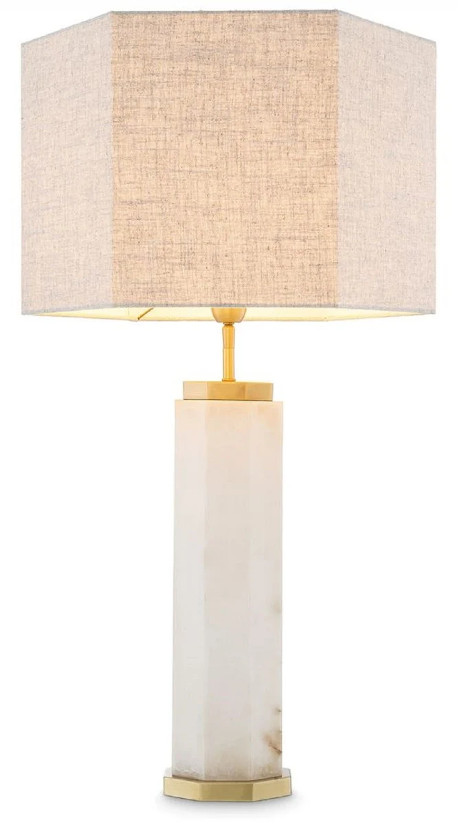 Casa Padrino Luxus Tischleuchte Weiß / Antik Messing / Grau 46 x 46 x H. 84,5 cm - Alabaster Schreibtischleuchte mit sechseckigem Lampenschirm - Luxus Tischleuchten - Luxus Schreibtischleuchten