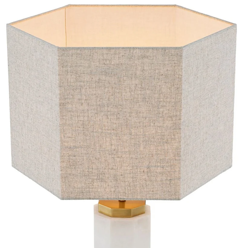 Casa Padrino Luxus Tischleuchte Weiß / Antik Messing / Grau 46 x 46 x H. 84,5 cm - Alabaster Schreibtischleuchte mit sechseckigem Lampenschirm - Luxus Tischleuchten - Luxus Schreibtischleuchten