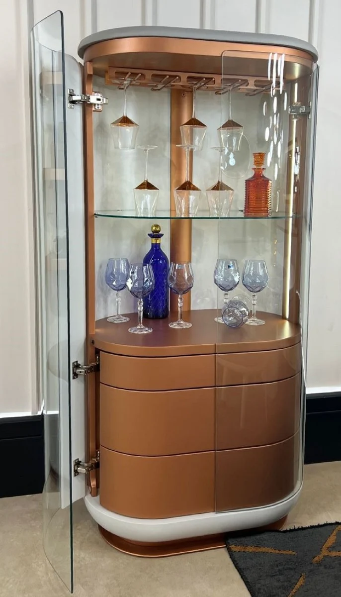 Casa Padrino Luxus Barschrank Weiß / Grau / Kupfer 80 x 50 x H. 165 cm - Beleuchteter Massivholz Weinschrank mit 2 Türen - Wohnzimmer Möbel - Bar Möbel - Hotel Möbel - Luxus Kollektion