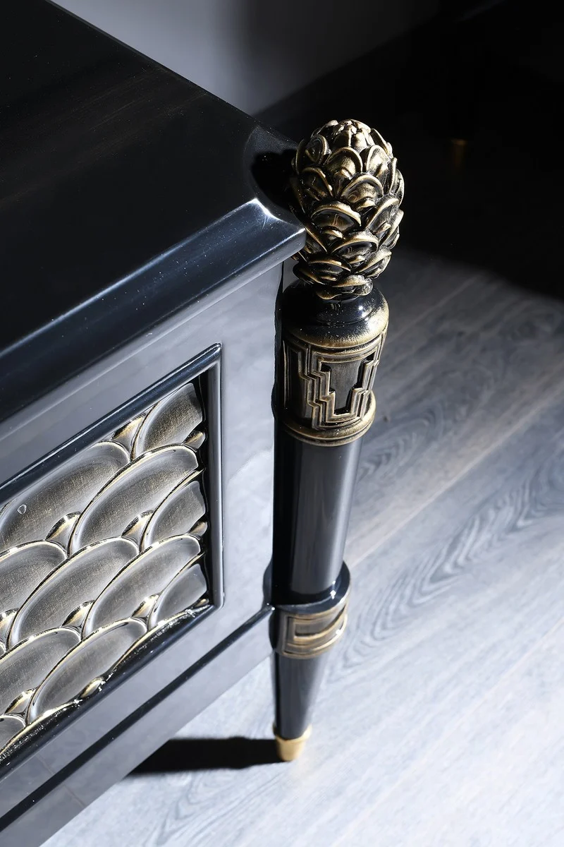 Casa Padrino Luxus Barock Fernsehschrank Schwarz / Gold 226 x 59 x H. 68 cm - Barock Wohnzimmerschrank mit 2 Türen und Schublade
