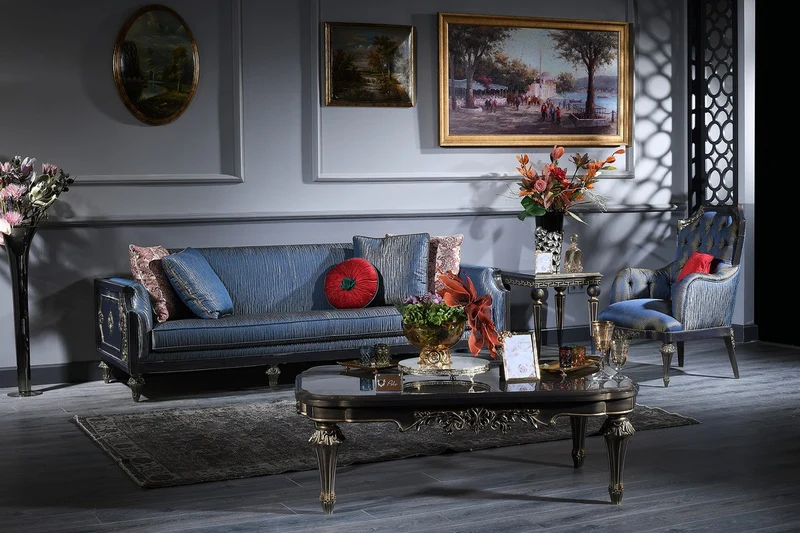 Casa Padrino Luxus Barock Couchtisch Blau / Gold / Schwarz 131 x 85 x H. 45 cm - Wohnzimmertisch im Barockstil