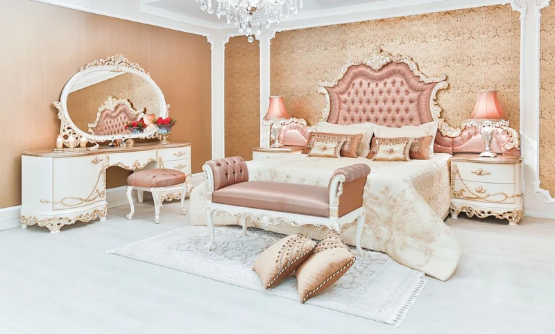 Casa Padrino Luxus Barock Schlafzimmer Set Rosa / Weiß / Creme / Kupferfarben - 1 Doppelbett mit Kopfteil & 2 Nachttische & 1 Sitzbank - Barock Schlafzimmer Möbel - Edel & Prunkvoll