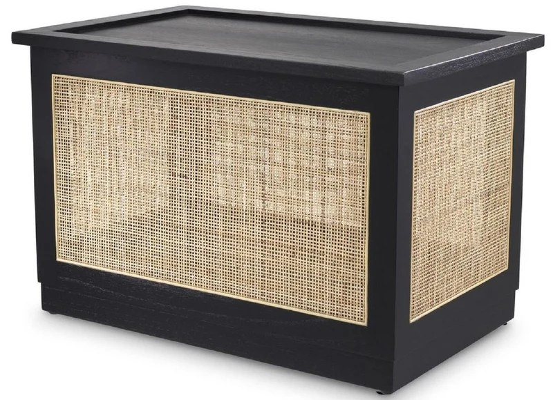 Casa Padrino Luxus Truhe mit Deckel Schwarz / Naturfarben 72 x 46 x H. 48 cm - Massivholz Truhe mit Rattangeflecht - Luxus Möbel