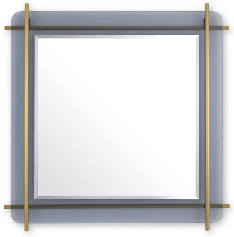 Casa Padrino Luxus Spiegel Messingfarben / Grau 85,5 x 5 x H. 85,5 cm - Quadratischer Wandspiegel mit grau getöntem Glasrand und Edelstahl Stangen - Luxus Kollektion