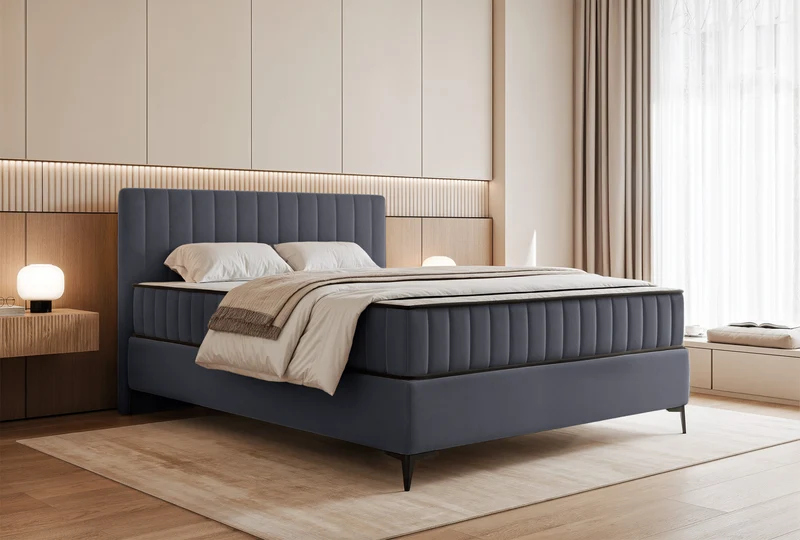 Kontinentales Bett 140x200 cm Mufasso mit Stauraum, grauer Velours, wasserabweisend