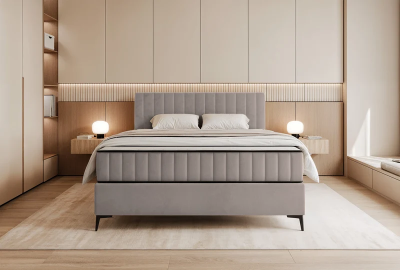Kontinentales Bett 140x200 cm Mufasso mit Stauraum, grau-beiger wasserabweisender Samt
