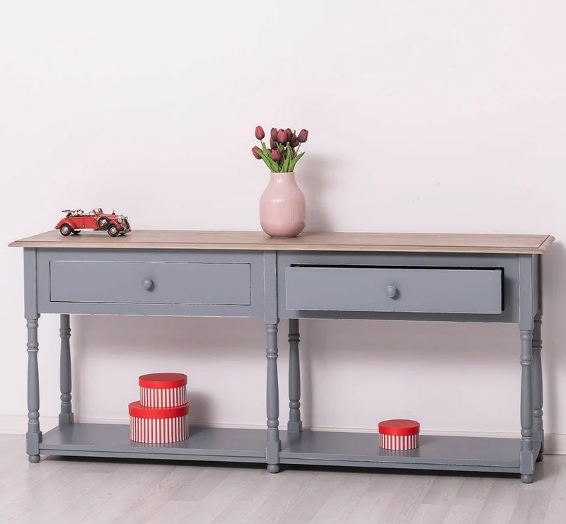 Großer Vintage Konsolentisch aus Massivholz mit zwei Schubladen