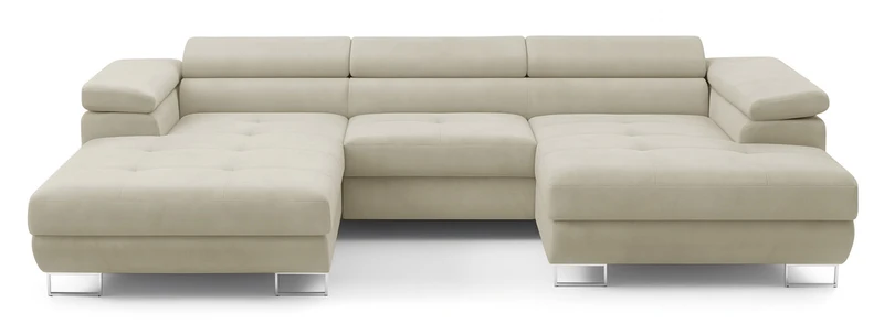 Ecksofa mit Schlaffunktion Nollia, U-förmig, rechtsseitig, mit verstellbaren Kopfstützen und zwei Stauraumfächern, cremefarbener Bouclé-Stoff