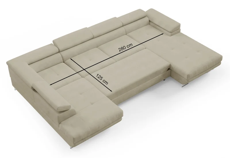 Ecksofa mit Schlaffunktion Nollia, U-förmig, linksseitig, mit verstellbaren Kopfstützen und zwei Stauraumfächern, beige Bouclé