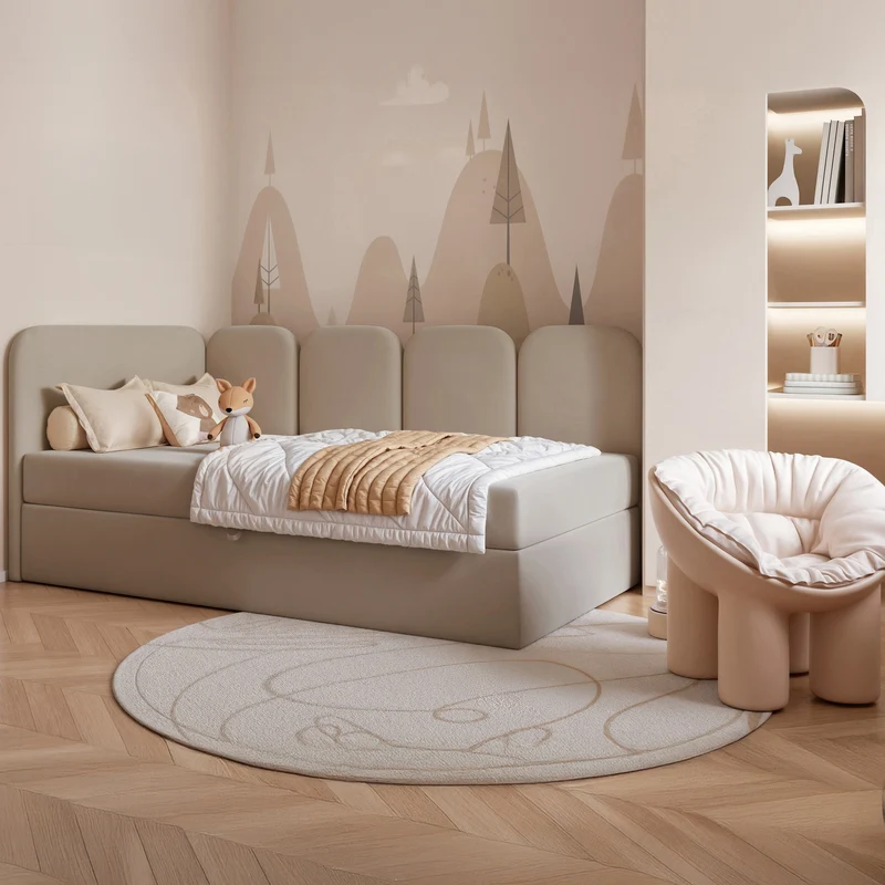 Jugendbett 90x200 cm Nubini linksseitig mit Stauraum, beige, hydrophober Samt