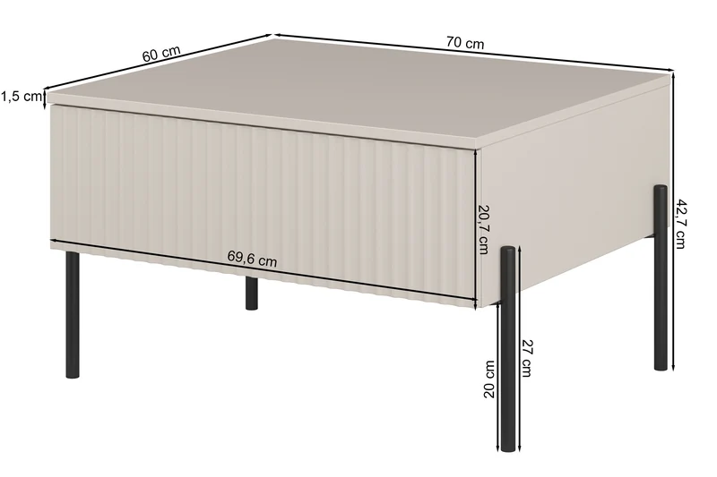 Couchtisch Ore mit Schublade 70x60 cm Kaschmir mit gerillter Front