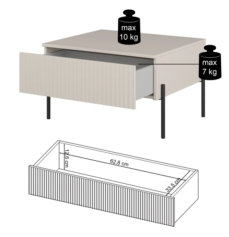 Couchtisch Ore mit Schublade 70x60 cm Kaschmir mit gerillter Front