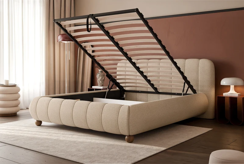 Polsterbett 200x200 cm Malunna mit Stauraum, Metallrahmen, beiger leicht zu reinigender Chenille-Stoff, kugelförmige Beine aus lackiertem Buchenholz