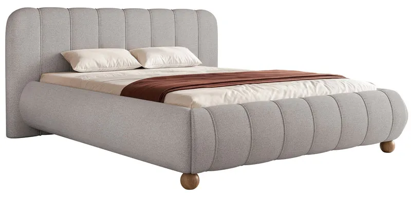 Gepolstertes Bett 160x200 cm Malunna mit Stauraum, Metallrahmen, grauer, leicht zu reinigender Chenille, kugelförmige Beine aus lackiertem Buchenholz