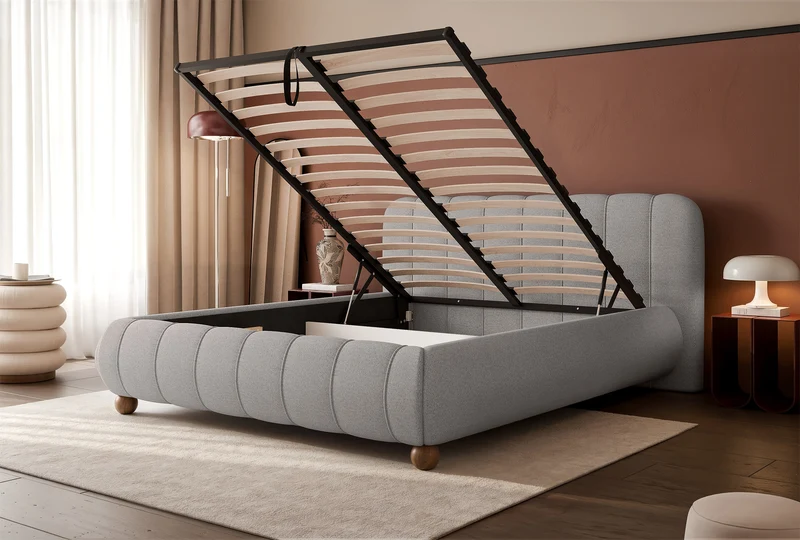 Gepolstertes Bett 160x200 cm Malunna mit Stauraum, Metallrahmen, grauer, leicht zu reinigender Chenille, kugelförmige Beine aus lackiertem Buchenholz