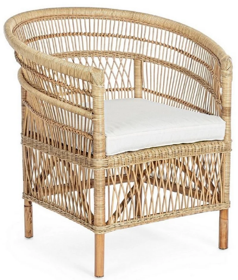 Casa Padrino Luxus Gartensessel Naturfarben / Weiß 79 x 72 x H. 86 cm - Rattan Garten & Terrassen Sessel mit Sitzkissen - Garten & Terrassen Möbel - Luxus Qualität