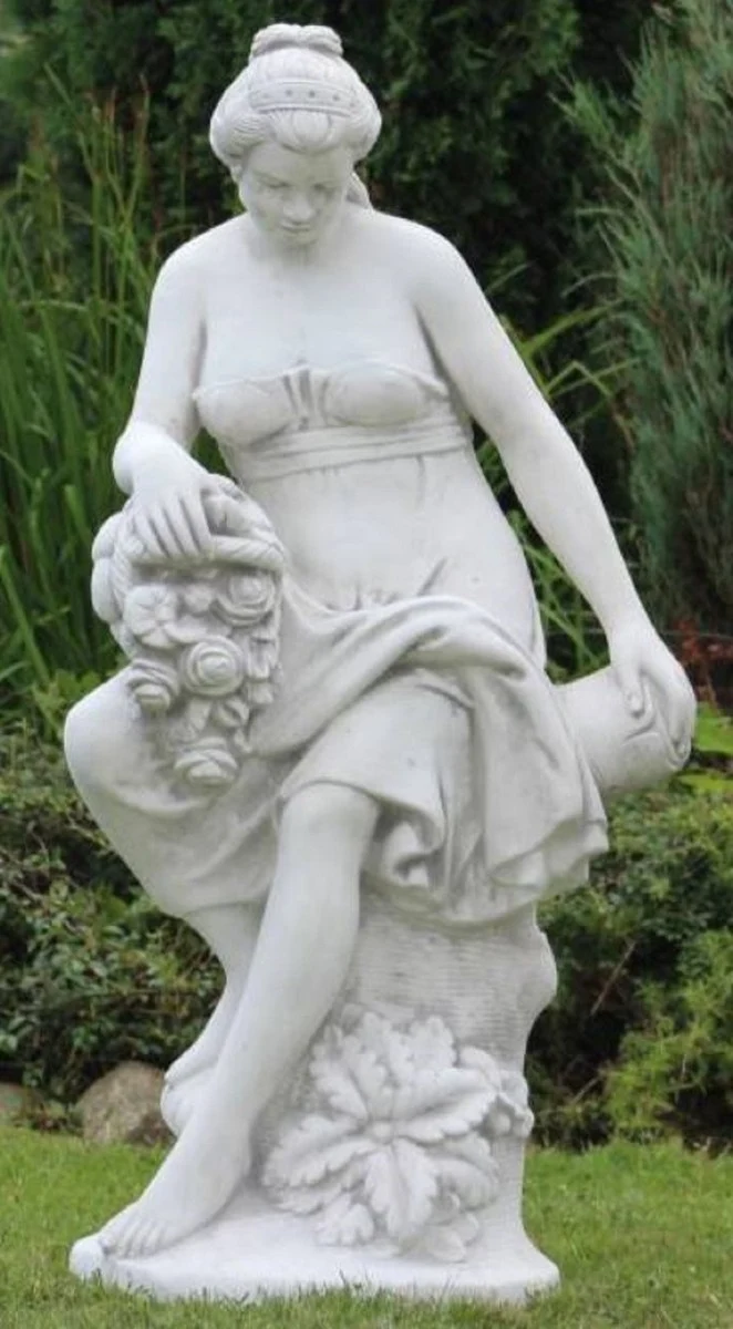 Casa Padrino Jugendstil Garten Deko Skulptur Frau mit Blumenstrauß Weiß / Grau 46 x 46 x H. 121 cm - Elegante Garten Deko Stein Figur - Barock & Jugendstil Garten Deko Accessoires