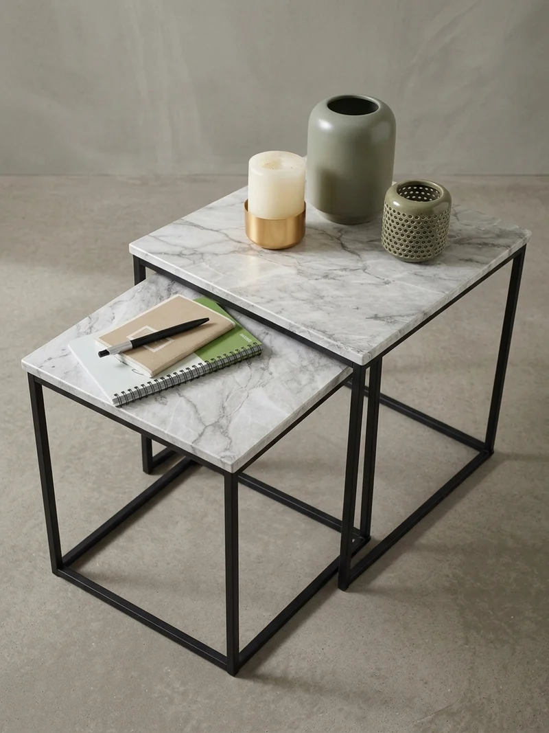 Beistelltisch Set – 2-teilig Marmoroptik Metall 40x42,5x40 cm 35x39,5x35 cm