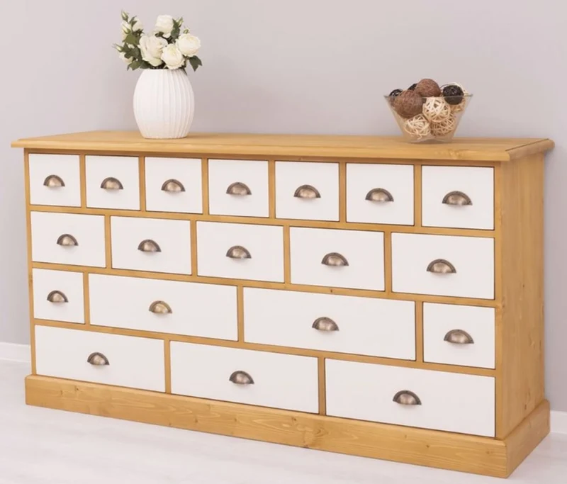 Casa Padrino Landhausstil Kommode Naturfarben / Weiß 180 x 48 x H. 95 cm - Massivholz Schrank mit 19 Schubladen - Landhausstil Möbel - Möbel im Landhausstil - Landhausstil Einrichtung