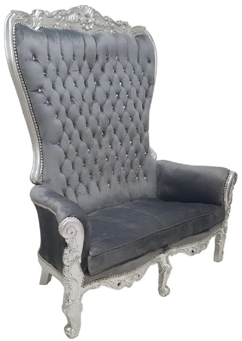 Casa Padrino Barock Hochlehn 2er Sofa Grau / Silber - Prunkvolles Barockstil Sofa mit Glitzersteinen - Wohnzimmer Möbel im Barockstil - Barock Möbel - Edel & Prunkvoll