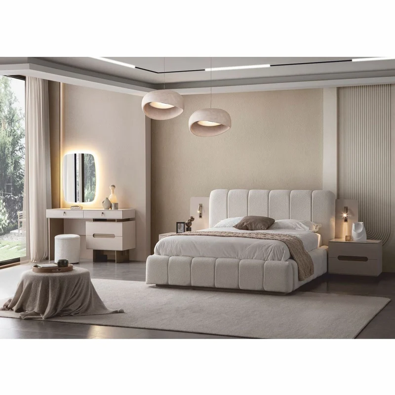 Casa Padrino Luxus Schlafzimmer Set Weiß / Grau - 1 Doppelbett & 2 Nachttische