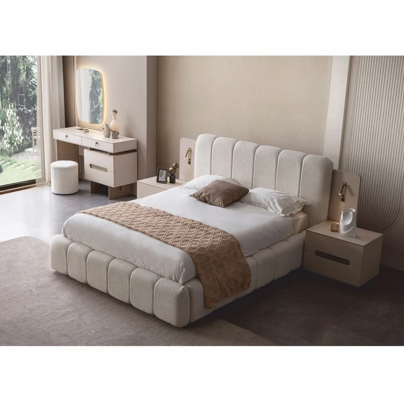 Casa Padrino Luxus Schlafzimmer Set Weiß / Grau - 1 Doppelbett & 2 Nachttische