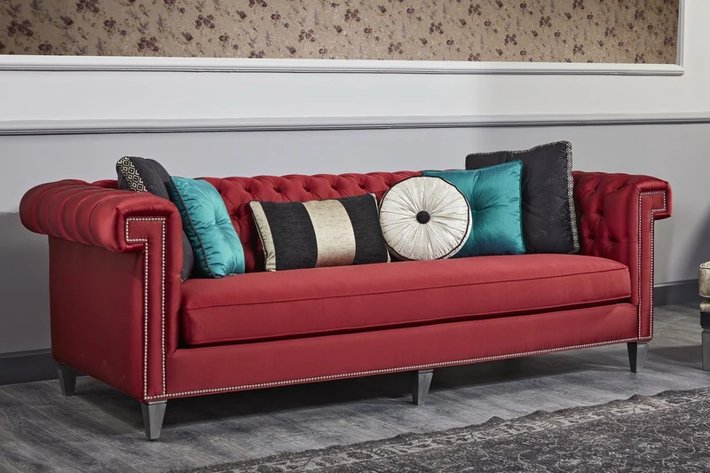 Casa Padrino Luxus Barock Chesterfield Sofa Rot / Silber 249 x 102 x H. 81 cm - Chesterfield Wohnzimmermöbel