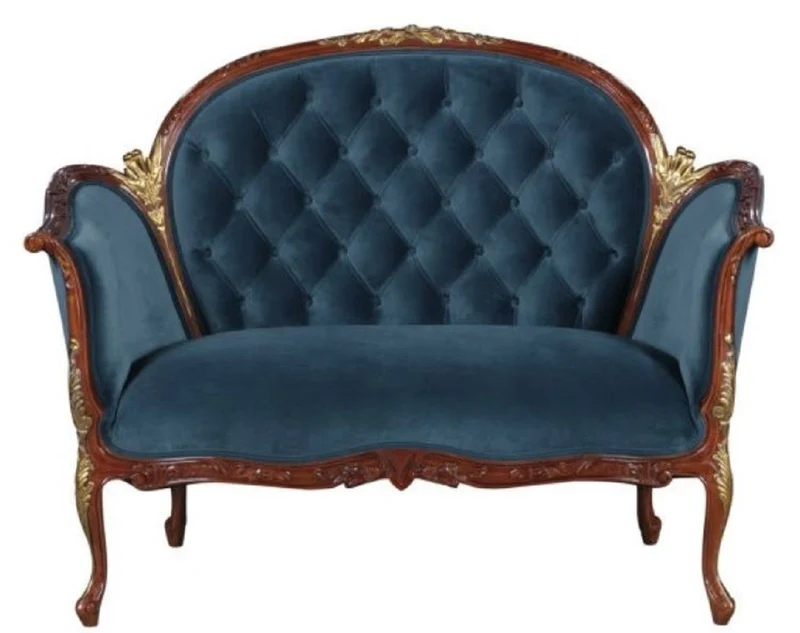 Casa Padrino Barock Samt Sofa Blau / Braun / Messingfarben 125 x 73,5 x H. 92,5 cm - Möbel im Barockstil