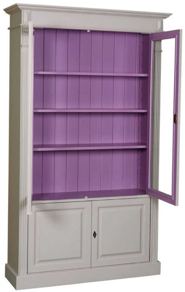 Casa Padrino Landhausstil Bücherschrank Hellgrau / Lila 119 x 39 x H. 197 cm - Wohnzimmerschrank mit 4 Türen - Massivholz Schrank - Vitrinenschrank - Landhausstil Wohnzimmermöbel