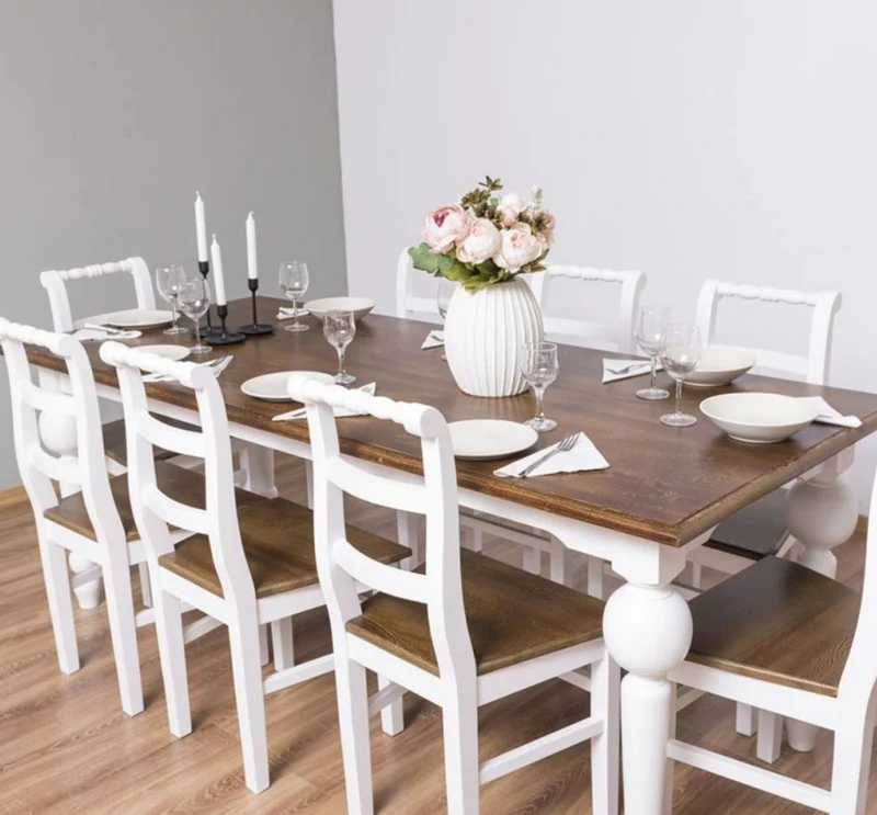 Casa Padrino Landhausstil Esszimmer Möbel Set Braun / Weiß - 1 Esstisch & 8 Esszimmerstühle - Massivholz Esszimmer Möbel - Landhausstil Möbel