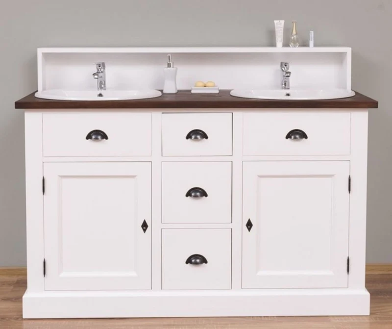 Casa Padrino Landhausstil Doppelwaschtisch Weiß / Dunkelbraun 147 x 51 x H. 110 cm - Massivholz Waschbeckenschrank - Badezimmer Möbel im Landhausstil