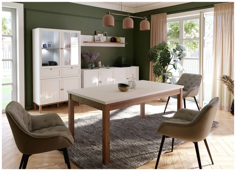 PENKRIDGE Esszimmer mit Vitrinenschrank in Secret Grey / Schlammeiche