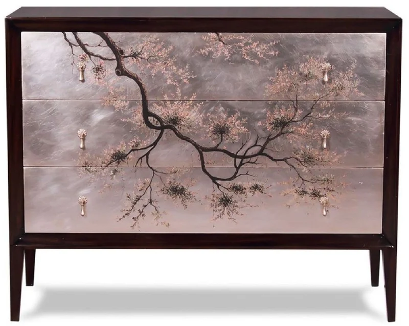 Casa Padrino Luxus Art Deco Kommode Dunkelbraun / Mehrfarbig 120 x 49 x H. 94 cm - Edle Mahagoni Kommode mit 3 Schubladen und elegantem japanischen Design - Luxus Möbel