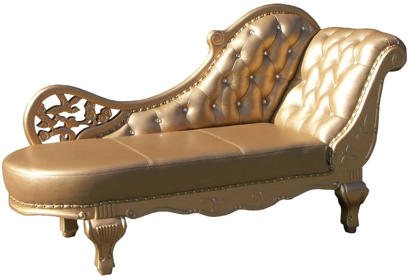 Casa Padrino Barock Leder Chaiselongue Gold 170 x 65 x H. 90 cm - Massivholz Recamiere mit Echtleder und Glitzersteinen - Barock Möbel