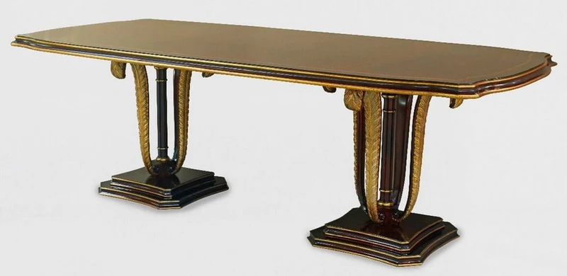 Casa Padrino Luxus Barock Esstisch Braun / Gold 240 x 110 x H. 78 cm - Edler Massivholz Küchentisch mit dekorativen handgeschnitzten Federn - Esszimmer Möbel im Barockstil