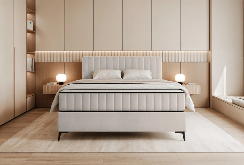Kontinentales Bett 140x200 cm Mufasso mit Stauraum, hellbeiger Velours, wasserabweisend