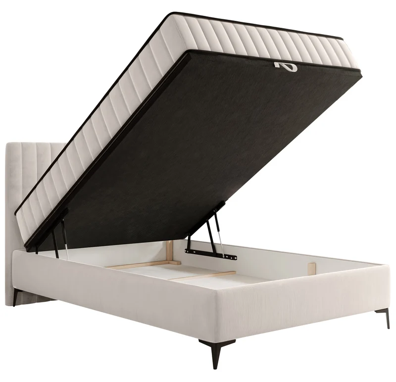 Kontinentales Bett 140x200 cm Mufasso mit Stauraum, hellbeiger Velours, wasserabweisend