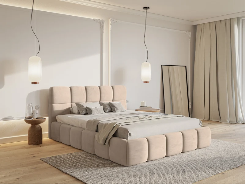 Polsterbett 160x200 cm Cloudy mit Stauraum, beige, Velours, wasserabweisend, pflegeleicht, Metallrahmen