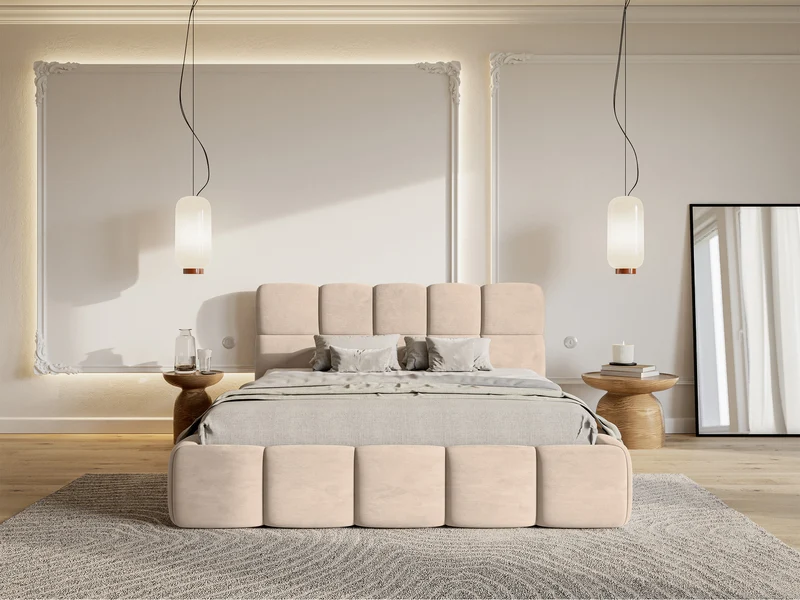 Polsterbett 160x200 cm Cloudy mit Stauraum, beige, Velours, wasserabweisend, pflegeleicht, Metallrahmen