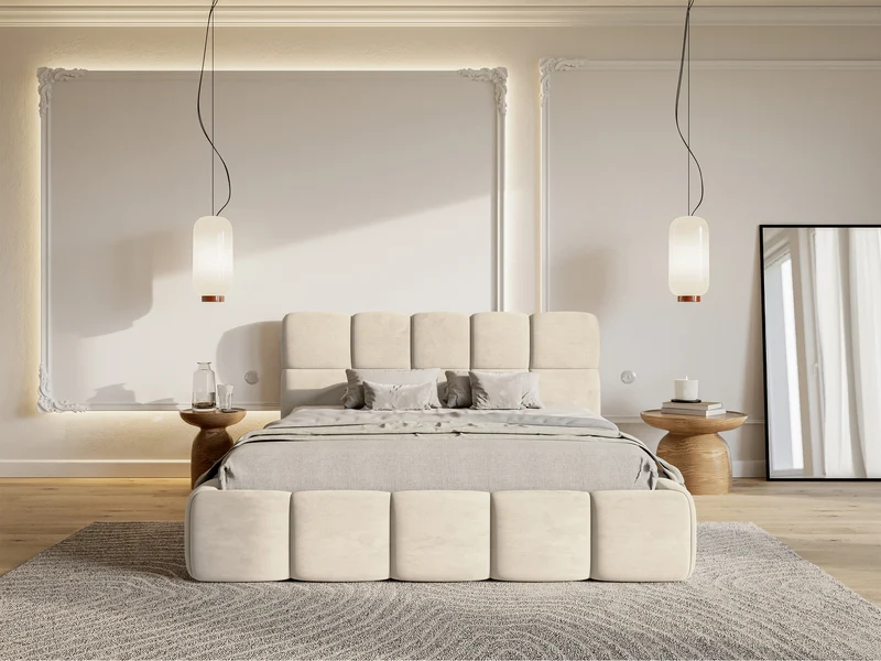 Polsterbett 140x200 cm Cloudy hellbeige, Velours, wasserabweisend, pflegeleicht