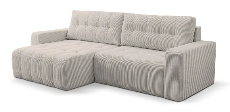 Ecksofa mit Schlaffunktion Maillo, L-förmig, universell, mit Stauraum, hellbeiger Cordstoff