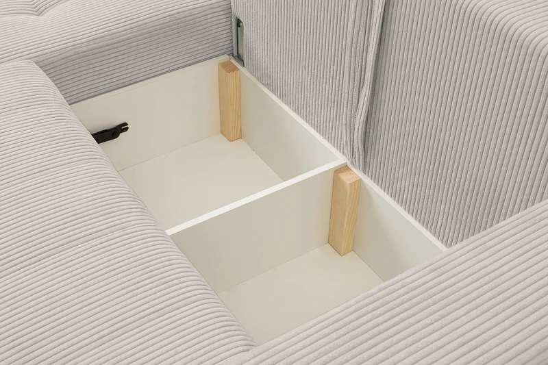 Ecksofa mit Schlaffunktion Maillo, L-förmig, universell, mit Stauraum, hellbeiger Cordstoff