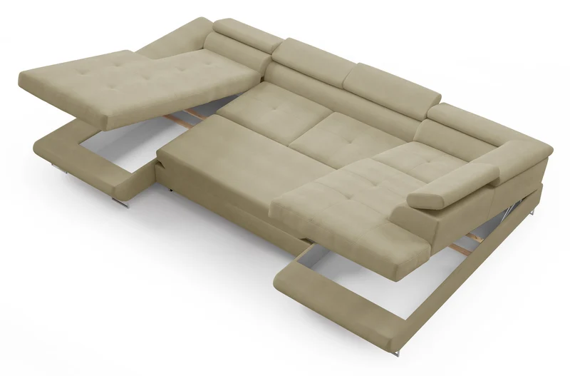 Ecksofa mit Schlaffunktion Nollia, U-förmig, rechtsseitig, mit verstellbaren Kopfstützen und zwei Stauraumfächern, beige Bouclé