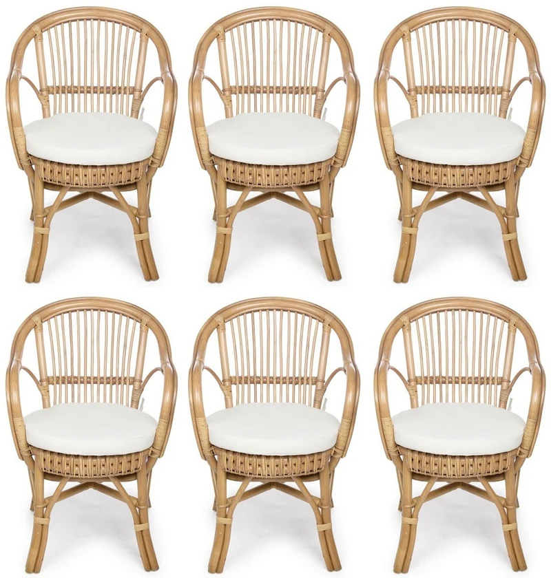 Casa Padrino Luxus Gartenstuhl 6er Set Naturfarben / Weiß 57 x 61 x H. 80 cm - Rattan Stühle mit Armlehnen und Sitzkissen - Moderne Rattan Garten & Terrassen Möbel