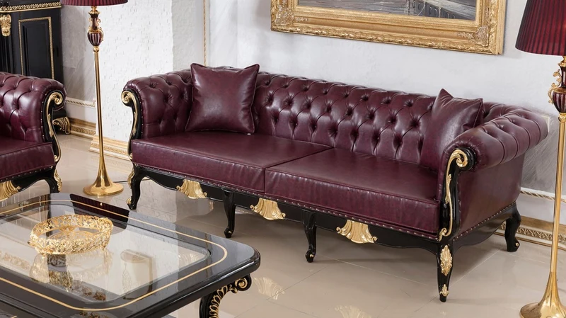 Casa Padrino Luxus Barock Chesterfield Sofa Bordeauxrot / Schwarz / Gold - Prunkvolles Wohnzimmer Sofa mit edlem Kunstleder - Barock Chesterfield Wohnzimmer Möbel