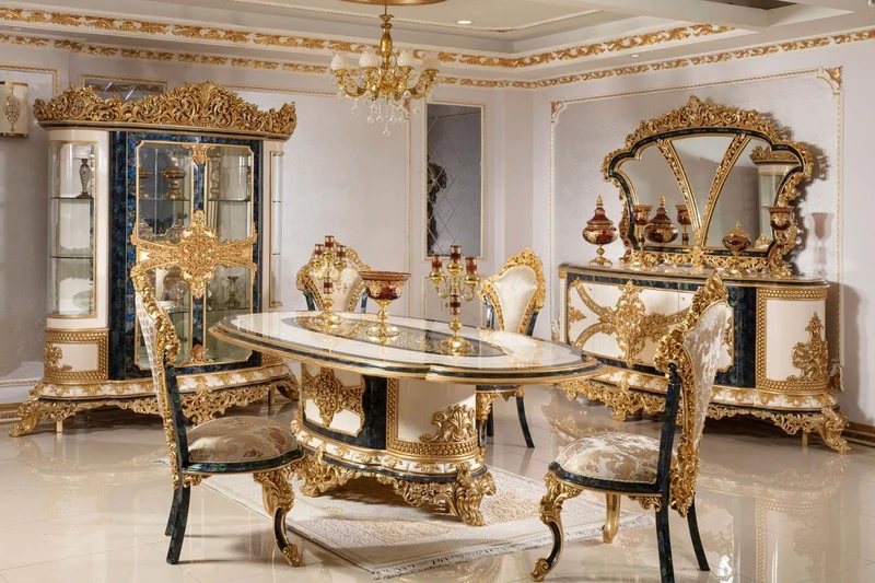 Casa Padrino Luxus Barock Esszimmerstuhl Set Mehrfarbig / Blau / Gold - Handgefertigtes Küchen Stühle 6er Set mit elegantem Muster - Barock Esszimmer Möbel - Edel & Prunkvoll