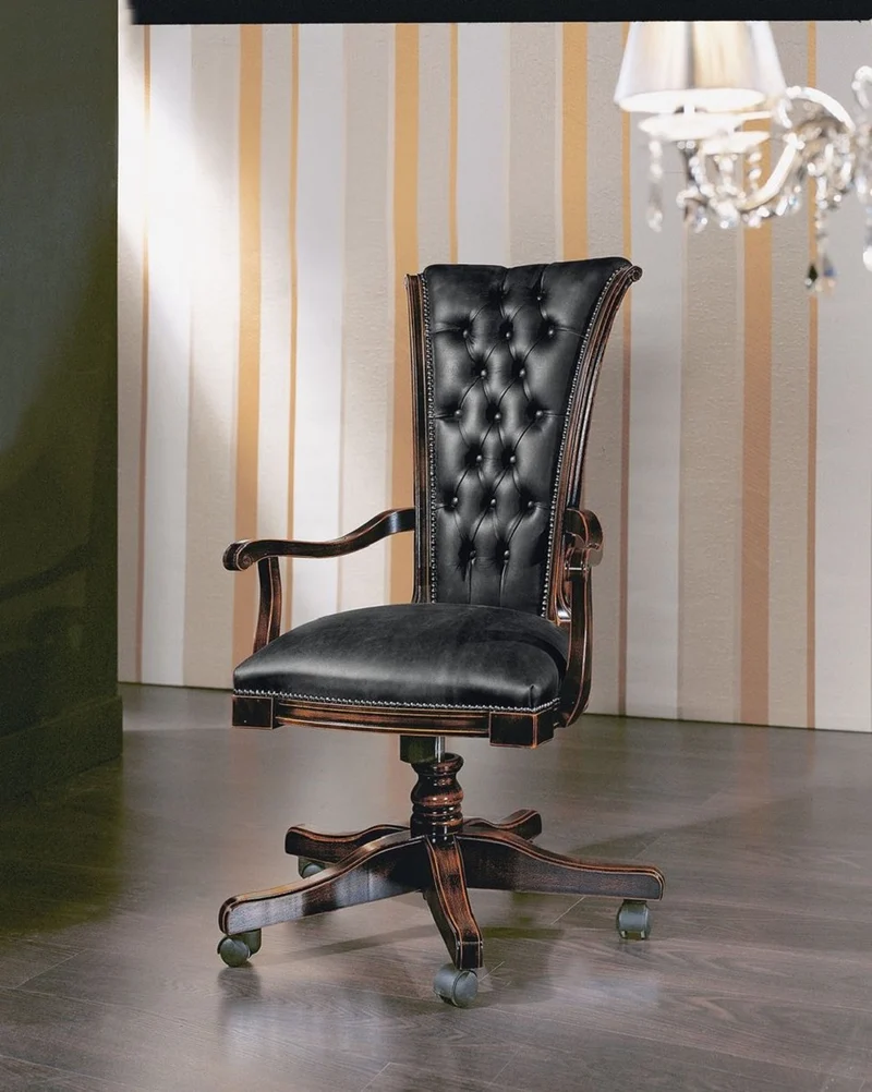 Casa Padrino Luxus Chesterfield Bürostuhl Vintage Schwarz / Dunkelbraun 64 x 49 x H. 107-117 cm - Höhenverstellbarer Schreibtischstuhl mit Echtleder - Büromöbel - Chesterfield Möbel - Echtleder Möbel