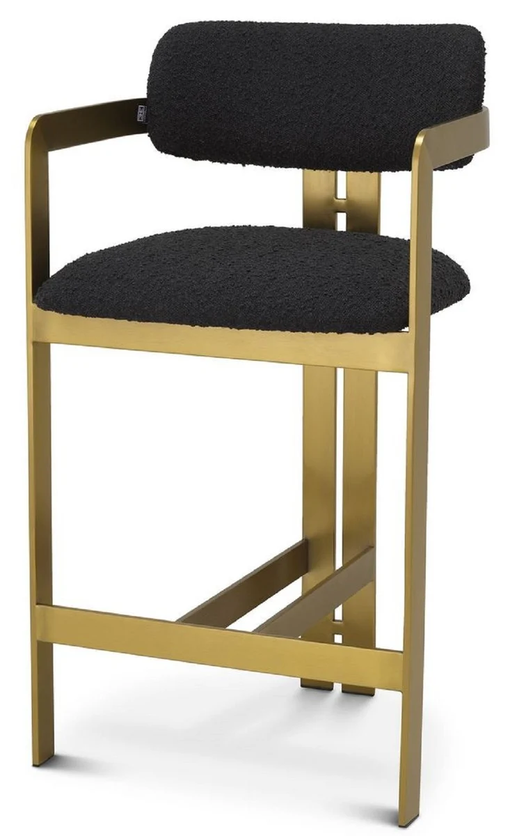 Casa Padrino Luxus Barstuhl Schwarz / Messing 53 x 44,5 x H. 97 cm - Gepolsterter Edelstahl Barhocker - Luxus Barmöbel